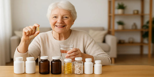Smiling senior woman holding a glass of water and a supplement capsule, sitting at a table with various vitamin bottles.