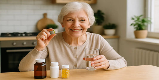 Smiling elderly woman holding a fish oil capsule and a glass of water, with supplement bottles placed on a wooden kitchen table.