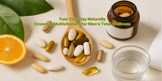 A flat lay of men's multivitamin capsules, a halved orange, and a glass of water arranged with green leaves and a vitamin bottle for wellness support.