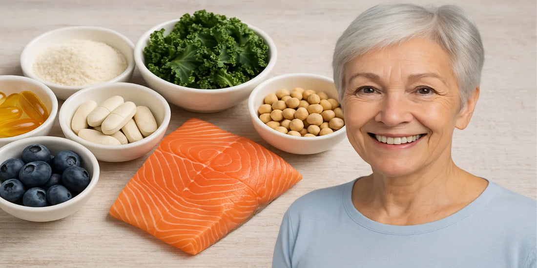 Smiling senior woman with salmon, blueberries, kale, soybeans, capsules, and tablets, representing essential health nutrients after age 50.