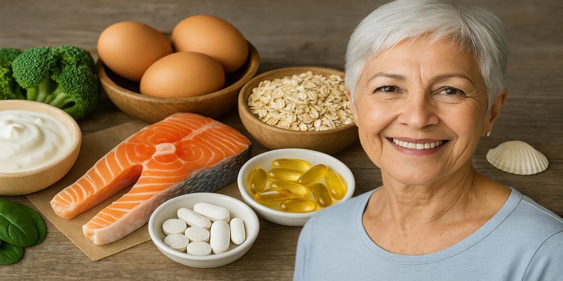 Smiling senior woman with healthy foods and supplements, including salmon, eggs, broccoli, oats, yogurt, and omega-3 capsules on a wooden table.