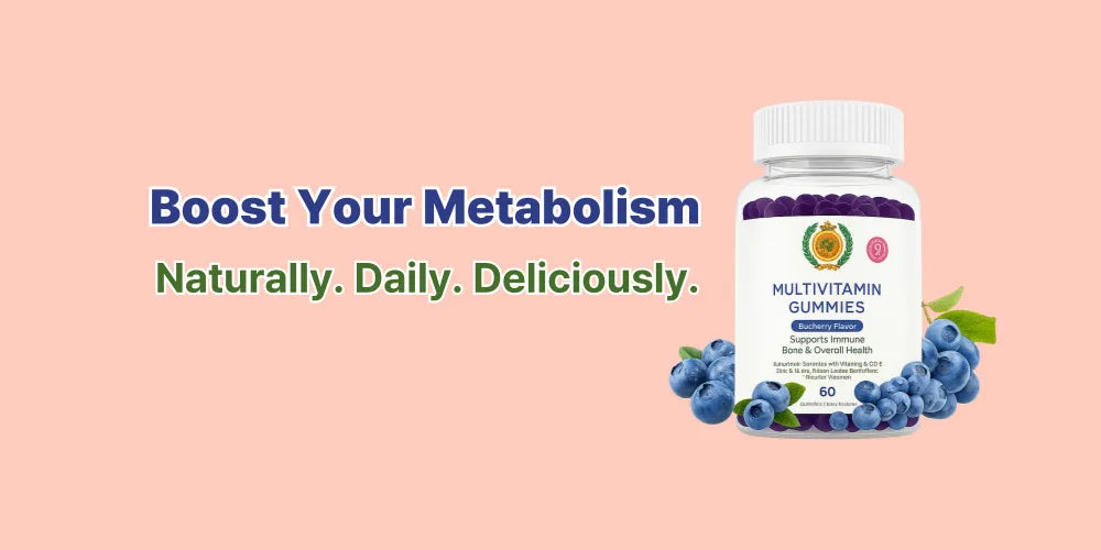 A bottle of Organic Greek® Multivitamin Gummies with blueberries and the slogan “Boost Your Metabolism – Naturally. Daily. Deliciously.”