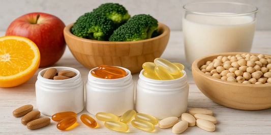 Assorted senior supplements in white bottles with capsules, fresh fruits, broccoli, soybeans, and milk on a wooden table.