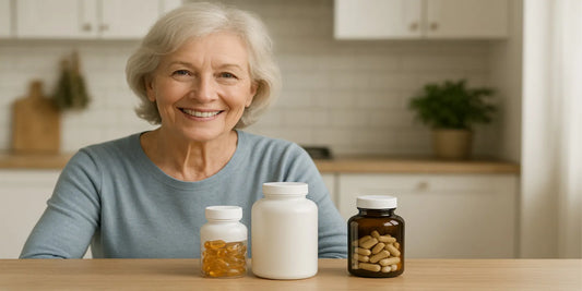 Smiling senior woman sitting at a kitchen table with three supplement bottles, symbolizing healthy vitality after 50.