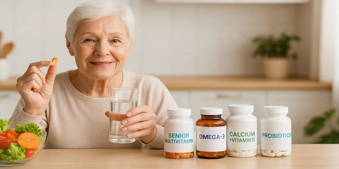 Elderly woman smiling at kitchen table, holding a fish oil capsule and water glass, with senior wellness supplements nearby.