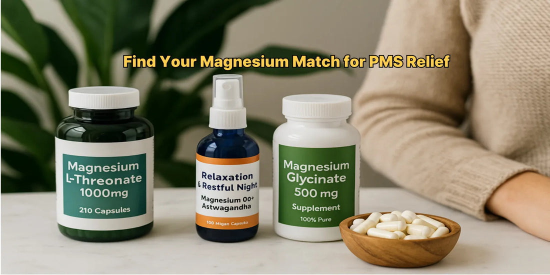 Three types of magnesium supplements—L-Threonate, Glycinate, and Ashwagandha blend—displayed on a clean surface for natural PMS relief.