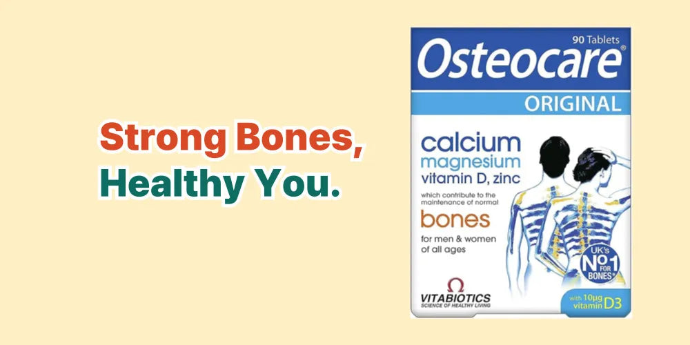 Vitabiotics Osteocare Original: UK's No. 1 for bone health. Contains Calcium, Magnesium, Vitamin D, and Zinc. Supports strong bones for all ages.