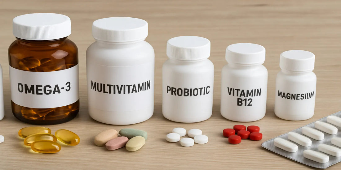 Seven supplement bottles with capsules and tablets neatly arranged on a wooden table, symbolizing senior health and healthy aging.