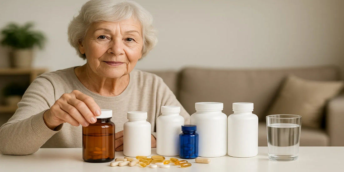 Elderly woman sitting at a table with supplement bottles and pills, showing a safe and healthy routine for seniors over 50.