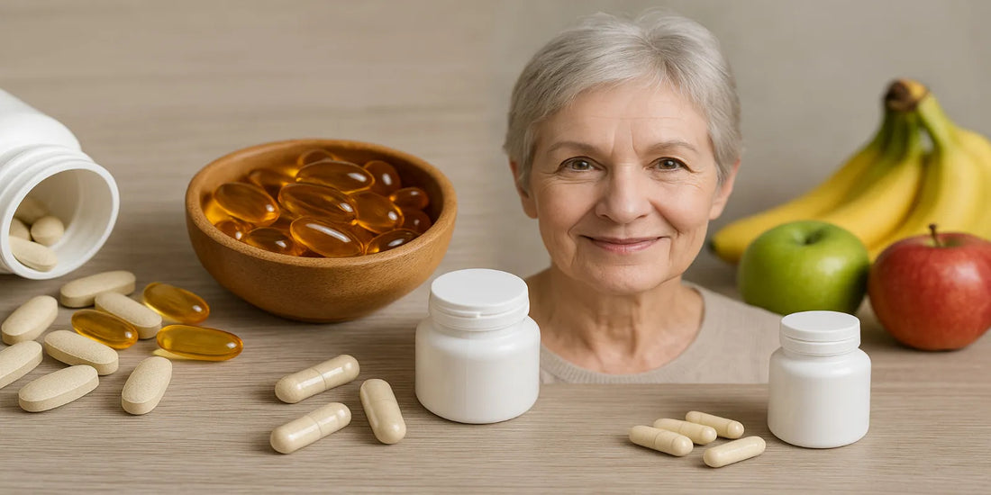 An elderly woman smiles beside fresh fruits and supplement bottles on a wooden table, symbolizing safe senior nutrition and wellness.