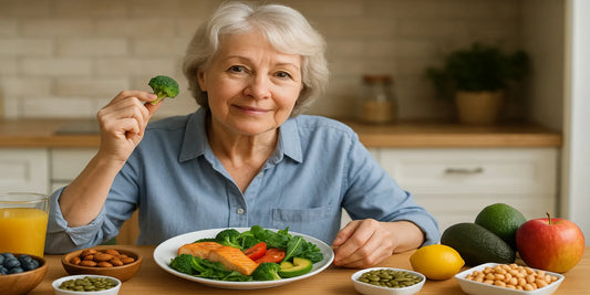 An elderly woman sitting at a kitchen table with salmon, avocado, nuts, and broccoli, promoting healthy brain nutrition for seniors.