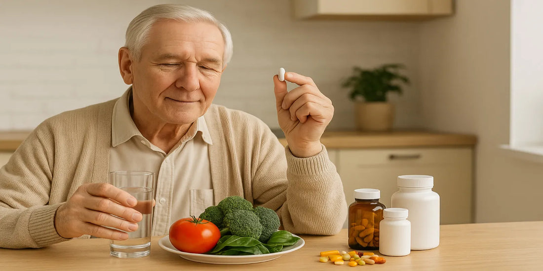 Elderly man at kitchen table holding a supplement pill and glass of water, with fresh vegetables and vitamin bottles symbolizing healthy aging.