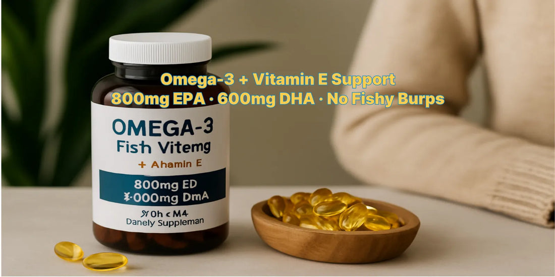 Omega-3 with Vitamin E softgels on table for heart, brain, and skin support – no fishy aftertaste.