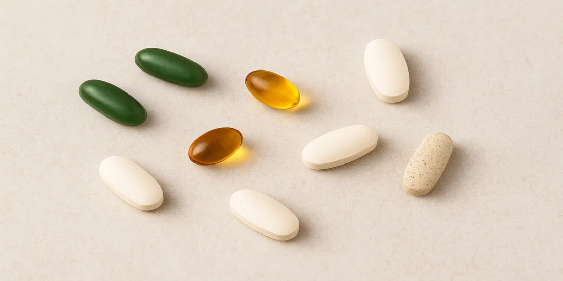 An assortment of seven dietary supplements in various colors and shapes, including tablets and softgels, arranged neatly on a neutral surface.
