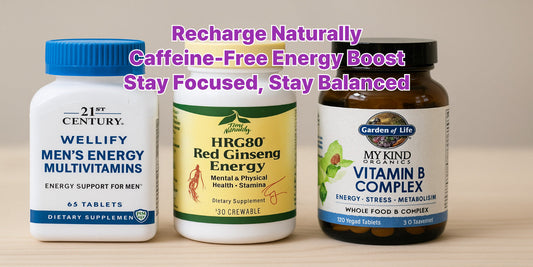 A natural flat lay of multivitamin bottles and herbal supplements for daily energy support without caffeine, arranged on a bright wooden table.