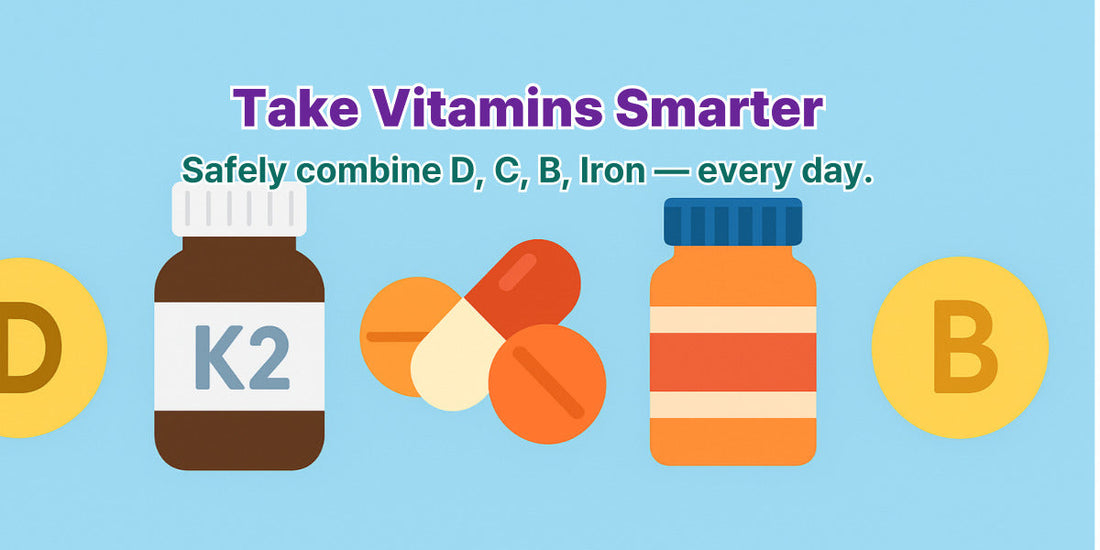 Illustration of vitamin bottles and pills labeled D, K2, B, and capsules with the headline "Take Vitamins Smarter" on a blue background.