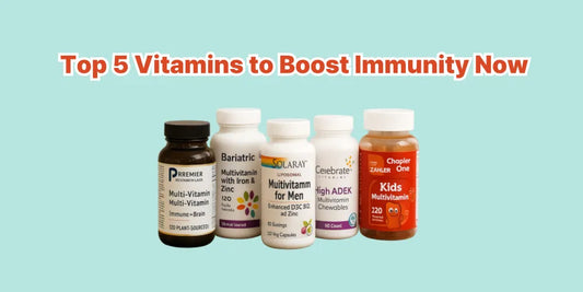 Five multivitamin bottles—including options for men, women, and kids—lined up to represent top supplements that support daily immune health.