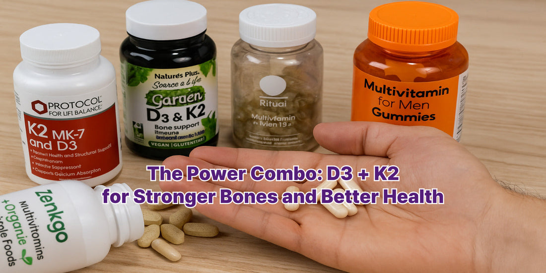 Hand holding D3 and K2 capsules with supplement bottles on a wooden surface, showing the synergy of taking vitamins together.