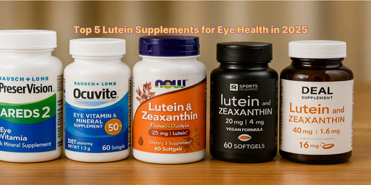 Five best lutein and zeaxanthin supplement bottles for eye health in 2025 displayed on a wooden table with clear labels and branding.