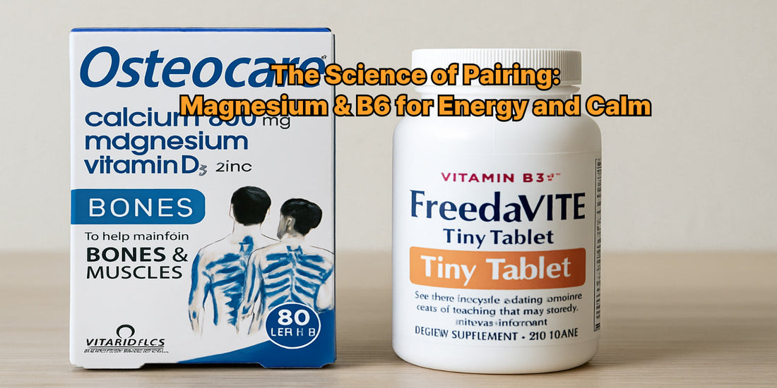 Two supplement bottles for Magnesium and Vitamin B6 placed on a clean surface, representing their combined health benefits like energy and relaxation.