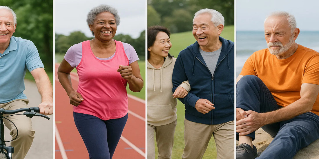 Active seniors enjoying outdoor activities—cycling, jogging, walking, and stretching—showing vitality, mobility, and healthy lifestyles.
