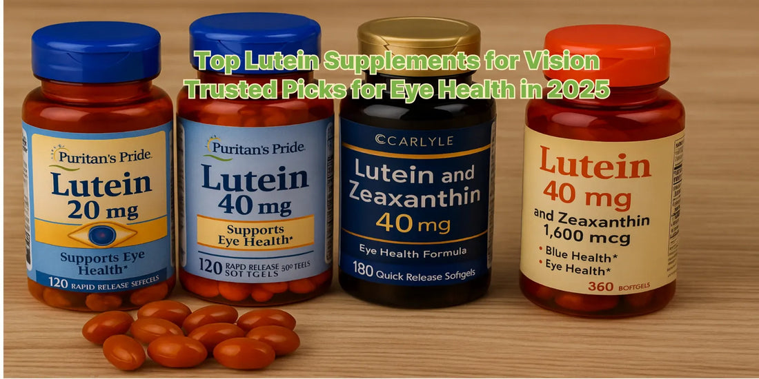 Four bottles of lutein and zeaxanthin eye health supplements with softgel capsules displayed on a wooden surface for visual support in 2025.
