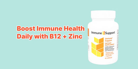 White bottle of Immune Support Daily Multivitamin with B12 and Zinc for immune health, featuring orange label and 60 capsules inside.