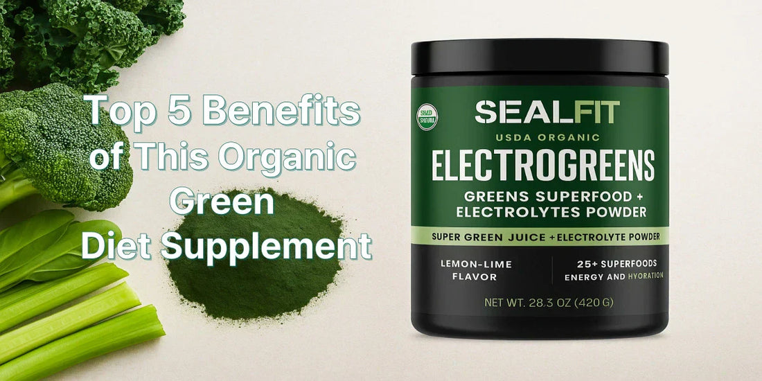 A container of SEALFIT ElectroGreens superfood powder with green vegetables and spirulina on the side, highlighting its detox and energy benefits.