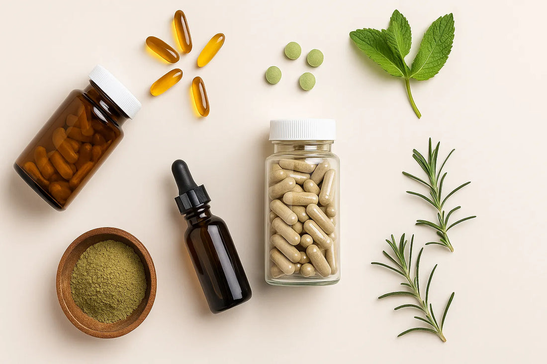 A clean arrangement of herbal supplements in glass bottles and bowls, emphasizing natural health, energy, focus, and stress relief.