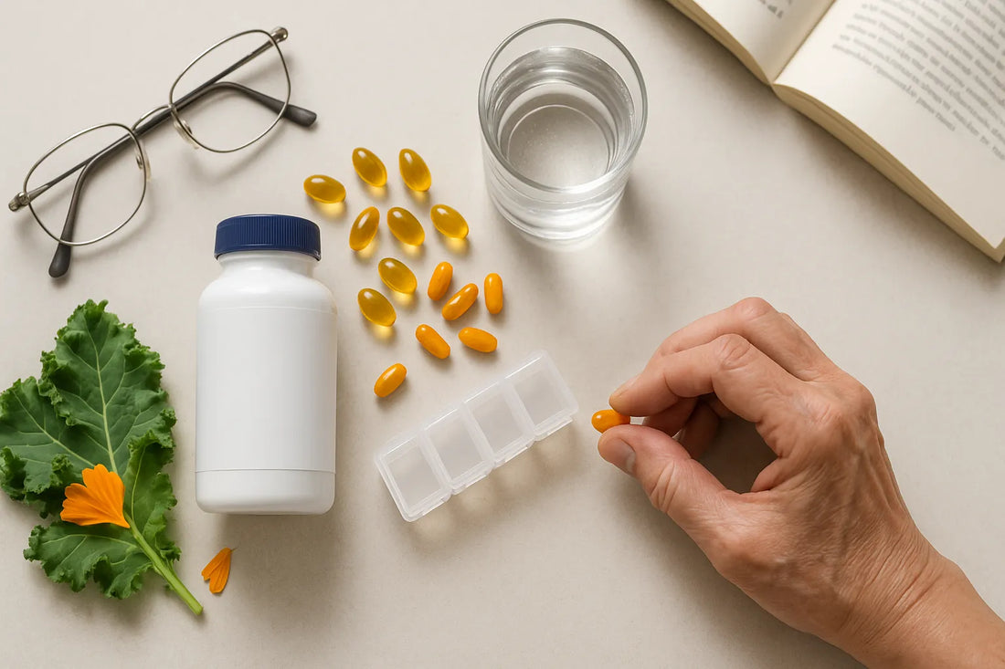 Senior eye vitamins: white bottle, yellow softgels, water glass, glasses, pill case, kale leaf, book, hand taking a capsule.