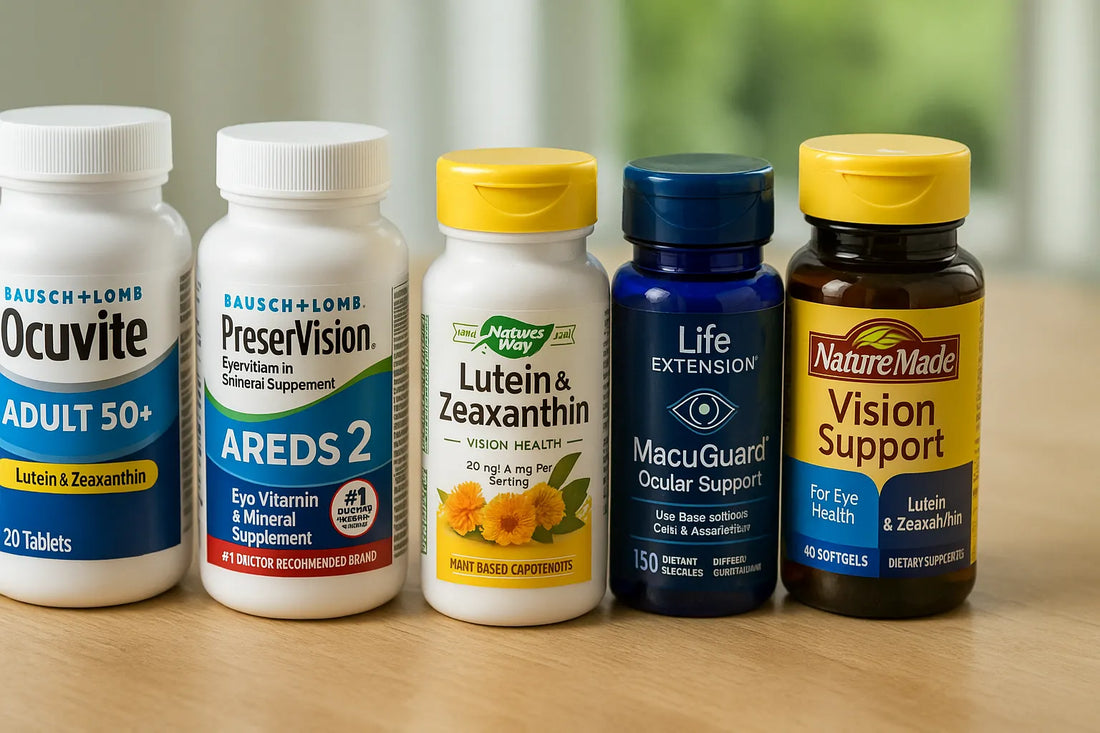 Five bottles of senior eye health supplements for vision support, displayed on a wooden surface with a blurred green nature background.