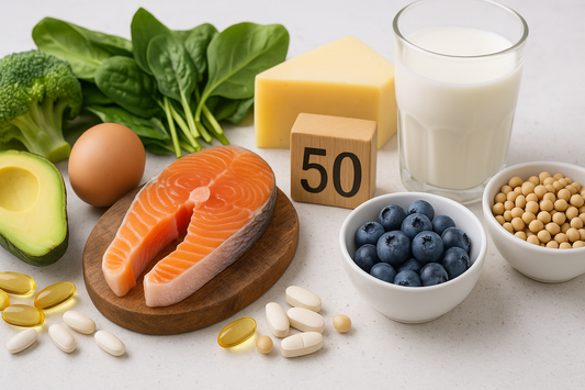A healthy food assortment with salmon, avocado, blueberries, soybeans, spinach, milk, cheese, egg, and supplements for adults over 50.