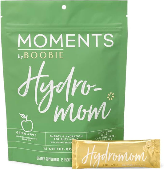 Boobie Hydromom Superfood Electrolyte Drink Mix, Green Apple | Refreshing Energy & Hydration Boost for Mamas | On-The-Go & Travel Essentials for Pregnancy, Lactation, & Beyond, 15 Packets