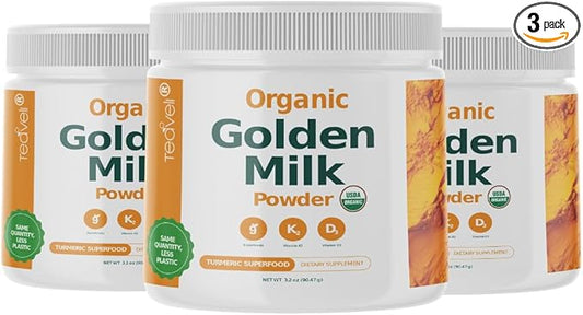 Organic Golden Milk Powder with Vitamins D3 & K2, Turmeric, Ginger, Curcumin, Cinnamon, KSM66 Ashwagandha, Holy Basil & Natural Prebiotics– Delicious Unsweetened Turmeric Tea Latte - 3 Pack