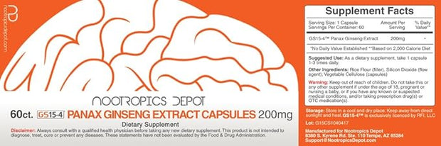 Nootropics Depot GS15-4 Panax Ginseng Extract Capsules 200mg | 60 Count