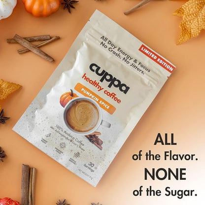 Cuppa Healthy Mushroom Insant Coffee with Lion's Mane & Ashwagandha for All Day Energy & Focus - No Crash or Jitters - Nootropics for Brain Health, Gut Health, Immunity, Stress, Memory + Mood (30 Servings, Pumpkin Spice)