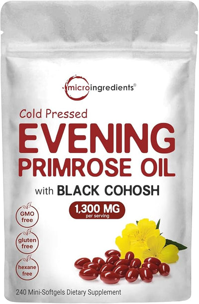Micro Ingredients Evening Primrose Oil 1300mg Per Serving, 240 Softgels | Enhanced with 40mg Black Cohosh Extract, Cold Pressed – 10% Active GLA, Non-GMO, No Gluten, Easy to Swallow