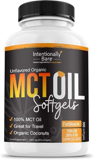 Intentionally Bare Organic MCT Oil Capsules - 70% C8 MCT Oil & 30% C10 MCT Capsules Unflavored for Keto Low Carb and Paleo Diet - MCT Oil C8 & C10 for Energy Mood & Focus - Non-GMO 300 Softgels