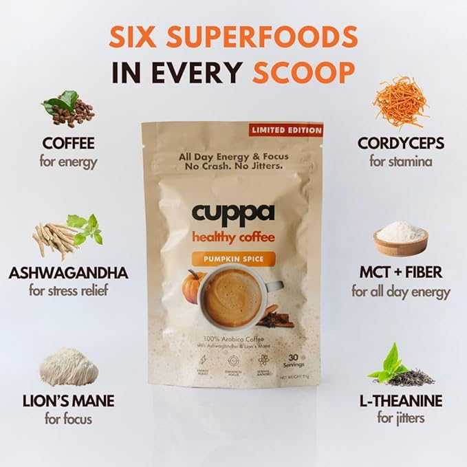 Cuppa Healthy Mushroom Insant Coffee with Lion's Mane & Ashwagandha for All Day Energy & Focus - No Crash or Jitters - Nootropics for Brain Health, Gut Health, Immunity, Stress, Memory + Mood (30 Servings, Pumpkin Spice)