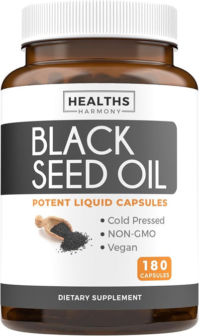 Black Seed Oil - 180 Softgel Capsules (Non-GMO & Vegan) Premium Cold-Pressed Nigella Sativa Producing Pure Black Cumin Seed Oil with Vitamin E - 500mg Each, 1000mg Per 2 Capsule Serving