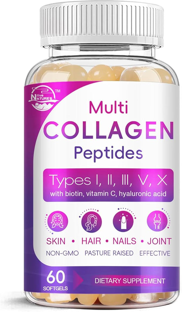 Multi Collagen Peptides Softgel - Type I, II, III, V, X - Hydrolyzed Collagen Peptides with Biotin, Vitamin C, Hyaluronic Acid, Supports Skin Hair Nail, Grass-Fed, Non-GMO, 60 Softgel, 1 Pack