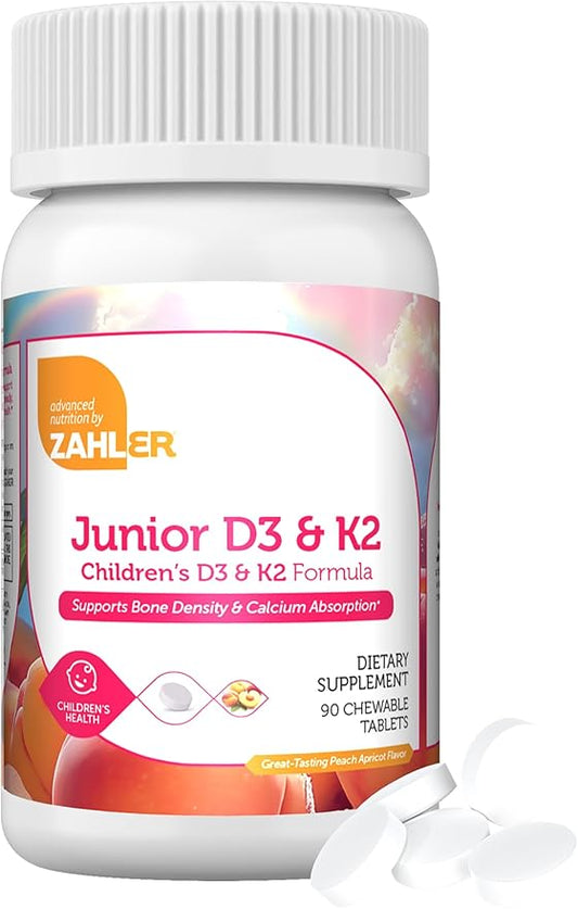 Zahler - Junior Vitamin D3 + K2 Chewable Tablets for Kids| Vitamin D for Kids 2000 IU | Delicious Vitamin D K2 Chews to Support Healthy Bones & Teeth - Kosher, Less Sugar Than Gummies (90 Count)