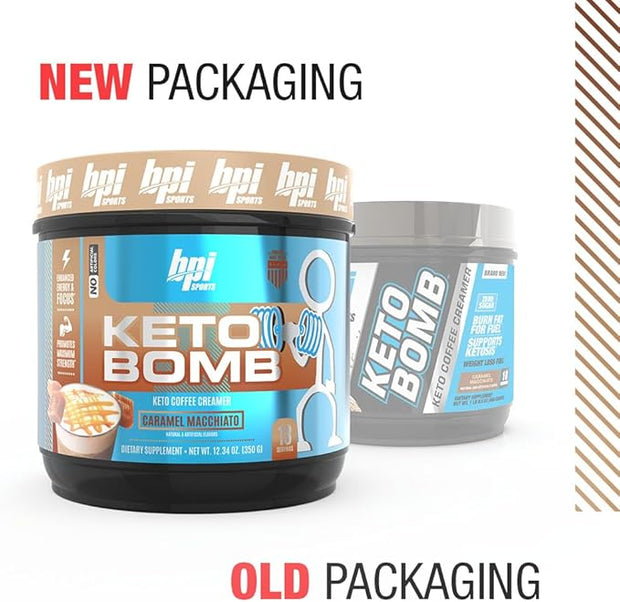 BPI Sports Keto Bomb Coffee Creamer - Supports Energy and Hydration - MCT and Electrolytes - with Calcium - Caramel Macchiato, 18 Servings