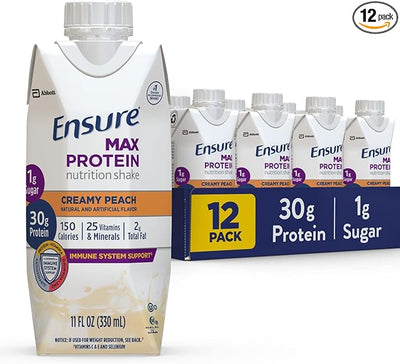 Ensure Max Protein Nutrition Shake Liquid, with 30g of Protein, 1g of Sugar, High Protein Shake, Creamy Peach, 11 fl oz - Pack of 12