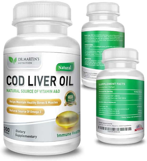 COD Liver Oil | 300 Softgels | Natural Source of Omega 3 Fatty Acids | Triple Strength | Best Immune Health, Healthy Bones & Muscle Dietary Supplement |