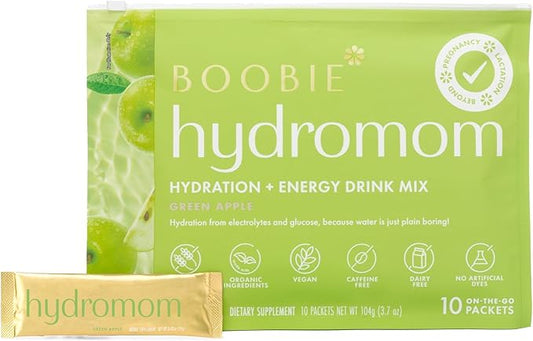 Boobie Hydromom Superfood Electrolyte Drink Mix, Green Apple | Refreshing Energy & Hydration Boost for Mamas | On-The-Go & Travel Essentials for Pregnancy, Lactation, & Beyond, 10 Packets