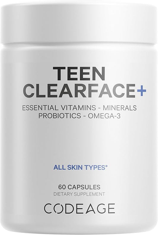 Codeage Teen Clearface Adolescent Face, Skin & Pimples, Vitamins A, C, D3, E, Pantothenic Acid, Niacin, Zinc Supplement Teenagers, Probiotics, L-Lysine, Omega-3, Oily Skin, Pores, Spots - 60 Capsules