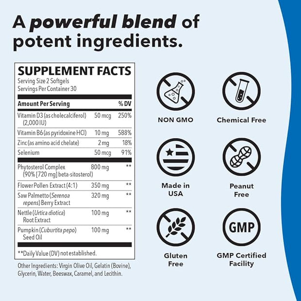 LifeSeasons Prostate Support Supplement - Saw Palmetto, Phytosterol, Zinc, Nettle, Vitamin D-3 & B6 - Promote Healthy Prostate Function & Normal Urinary Flow - Improve Tissue Integrity - 60 Softgels