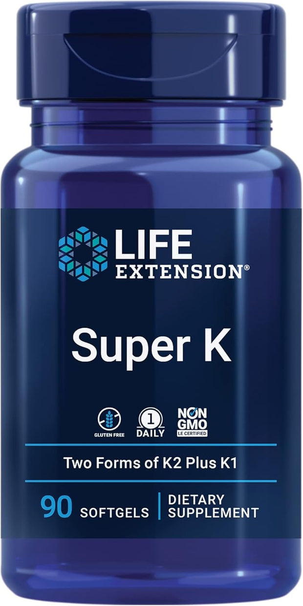 Life Extension Super K, vitamin K1, K2 mk-7, mk-7, vitamin K2 mk-4, mk-4, vitamin 3-month supply, 1 Daily, 90 softgels