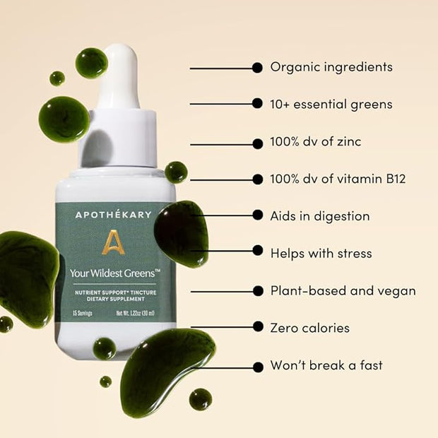 Apothékary Your Wildest Greens Tincture, All-in-One Daily Greens Superfood Supplement, Vitamin & Mineral Support, 5X Potency of Greens Powders, Sugar Free, Calorie Free, (15 Servings) 1.22oz